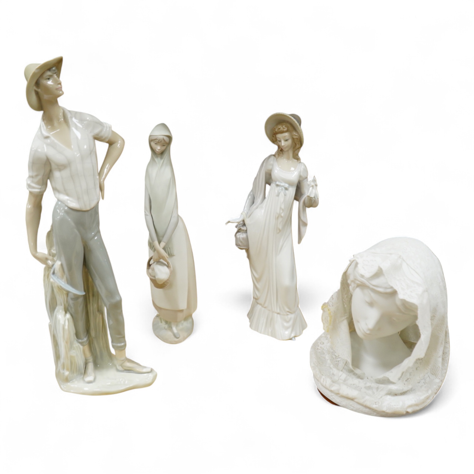 A group of Lladro figures: Bust of a lady in a lace veil, Girl with a basket, Lady holding gloves and a male reaper, 43cm high - 4 items, some boxed.